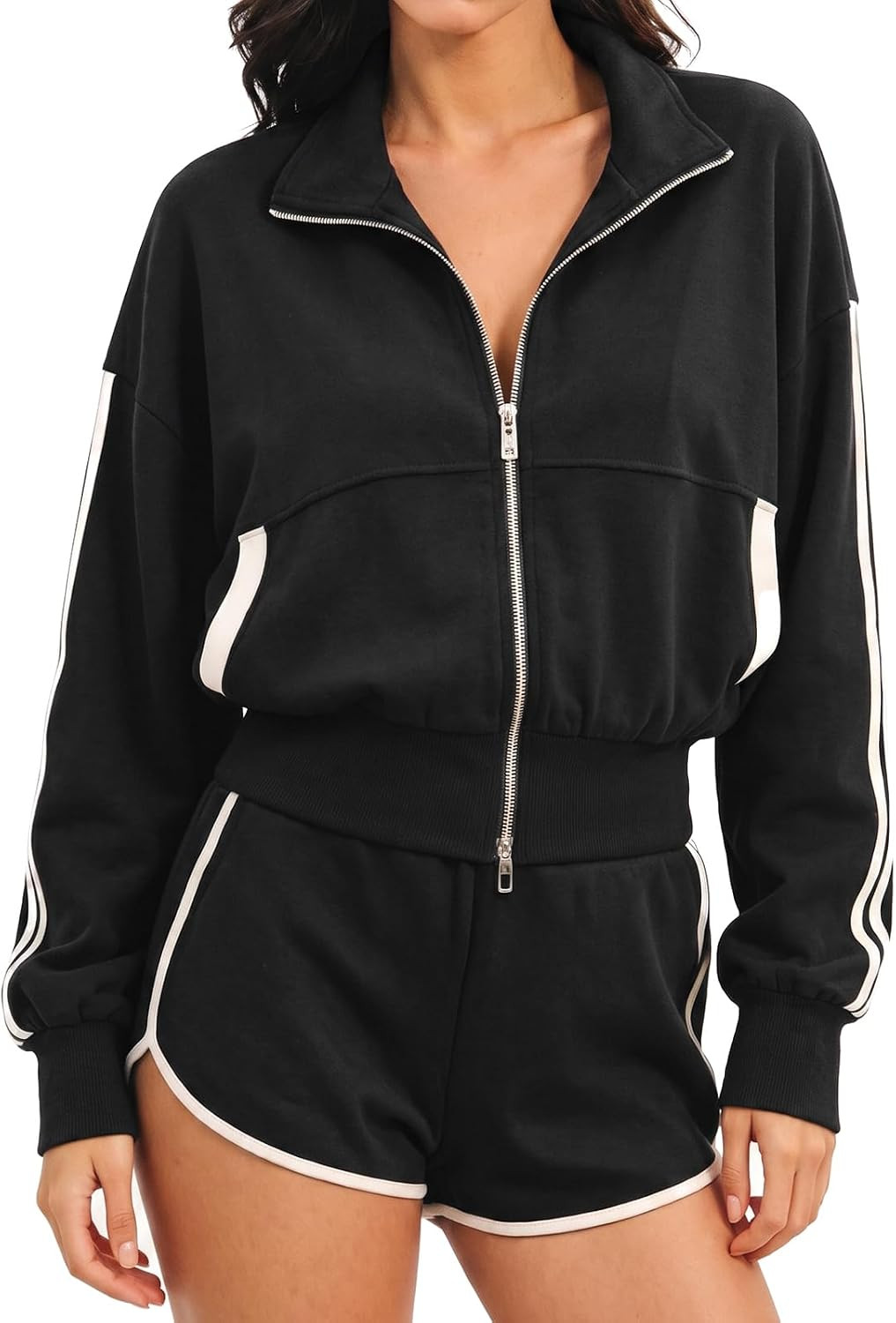Fisoew Womens 2 Piece Outfits Tracksuit Zip Up Jacket Shorts Sets Sweatsuit | Amazon (US)