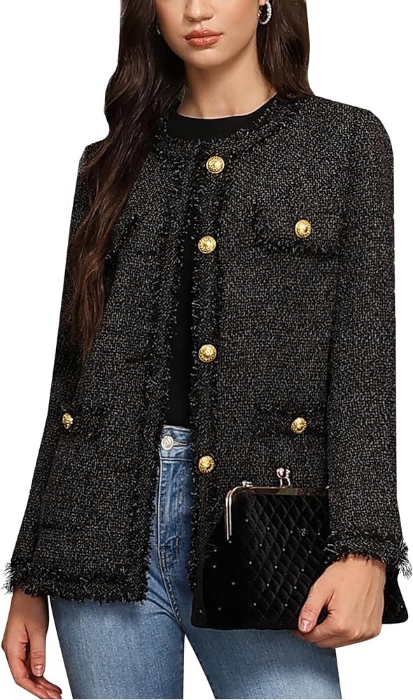 M.Infisavo Women’s Tweed Blazer Jackets with Pockets, Long Sleeve Open Front Crewneck Collarles... | Amazon (US)