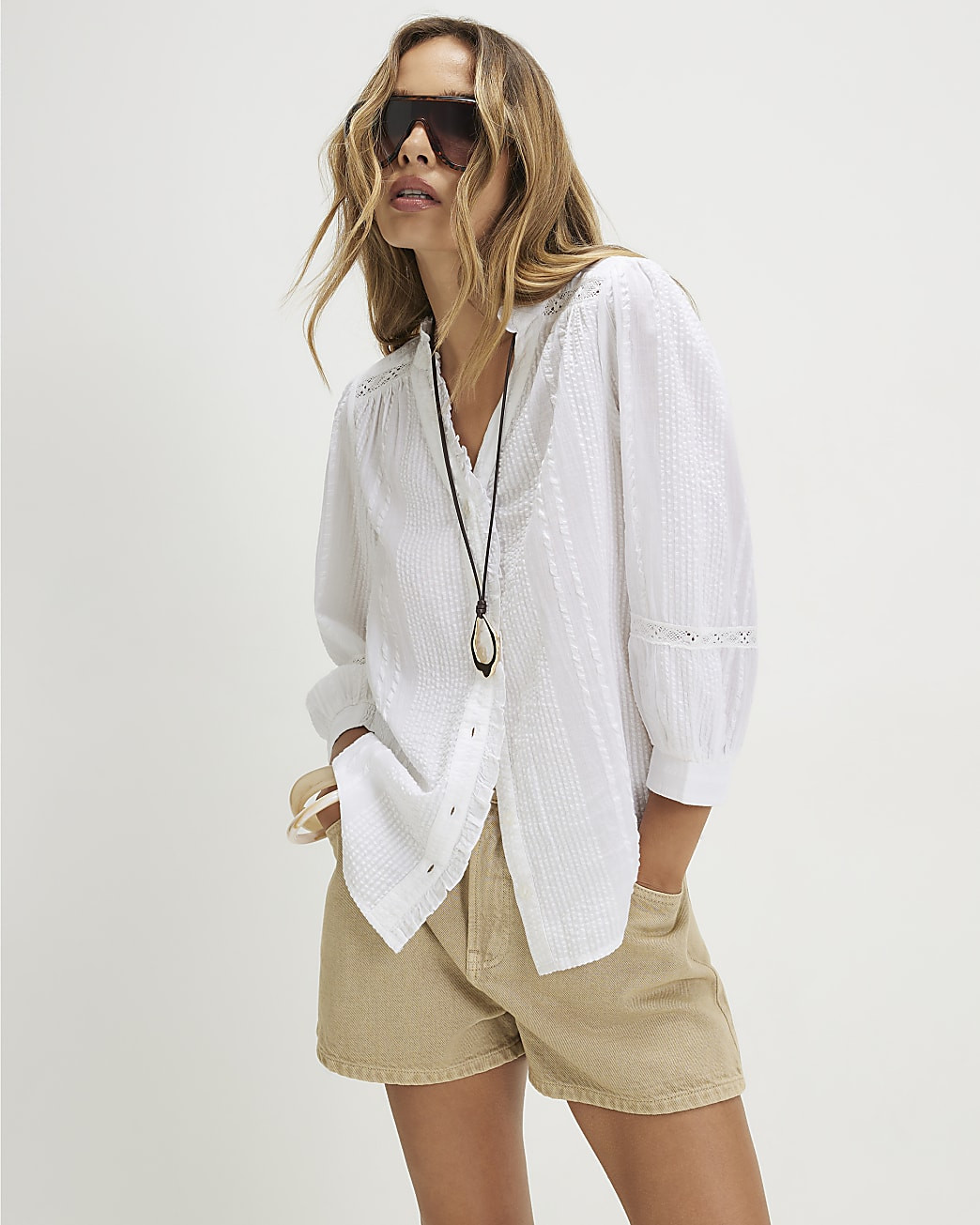 White Cotton Cropped Sleeve Blouse | River Island UK & IE