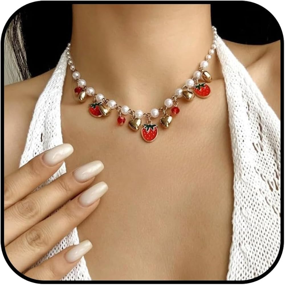 Charm Necklace for Women Strawberry Jewelry Cherry Necklace for Women Pearl Choker Cute Jewelry G... | Amazon (US)