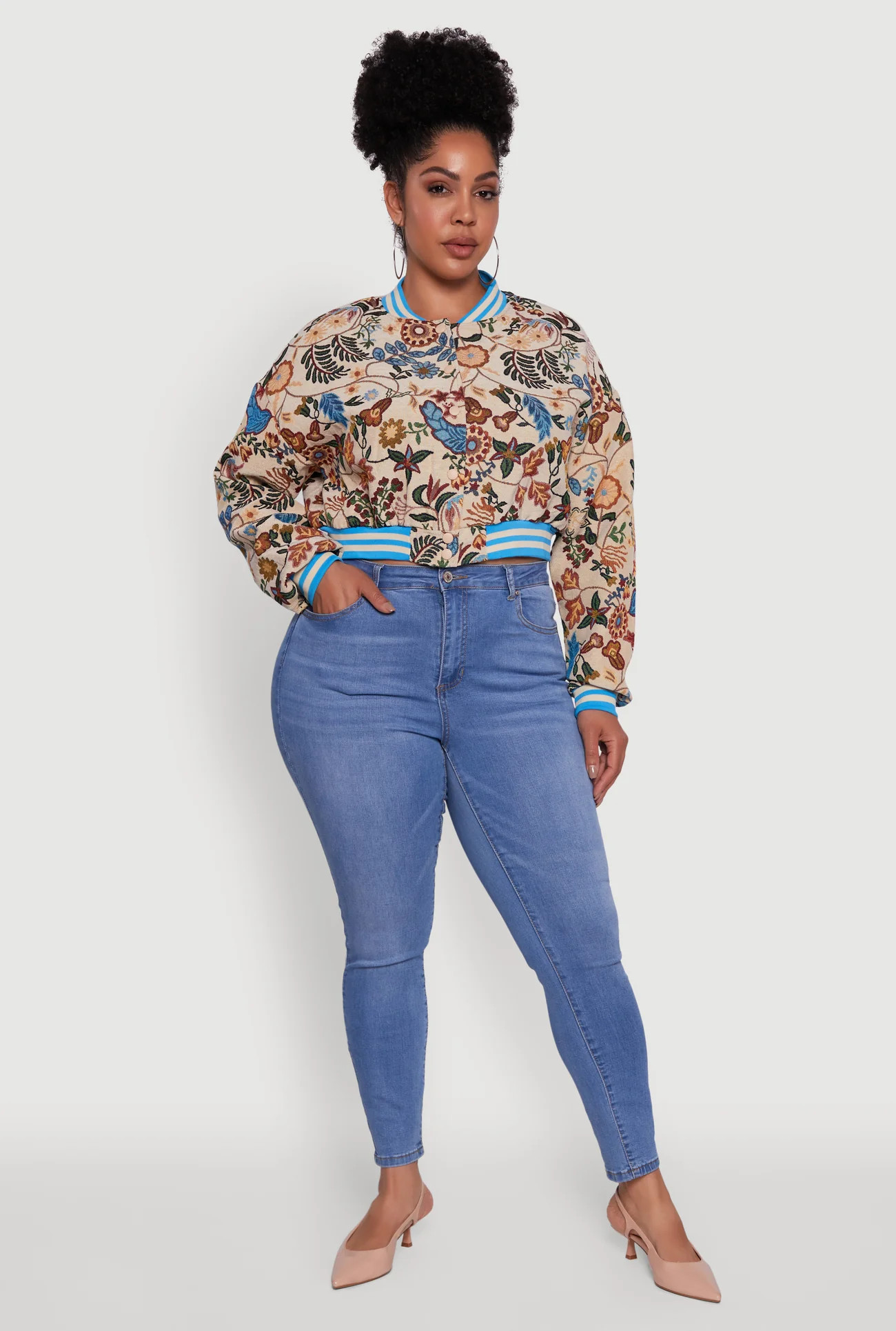 Plus Size Floral Print Jaquard Varsity Stripe Jacket | Rainbow Shops