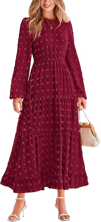 PRETTYGARDEN Women's Fall Elegant Long Sleeve Maxi Dress Swiss Dot A Line Flowy Casual Holiday Pa... | Amazon (US)