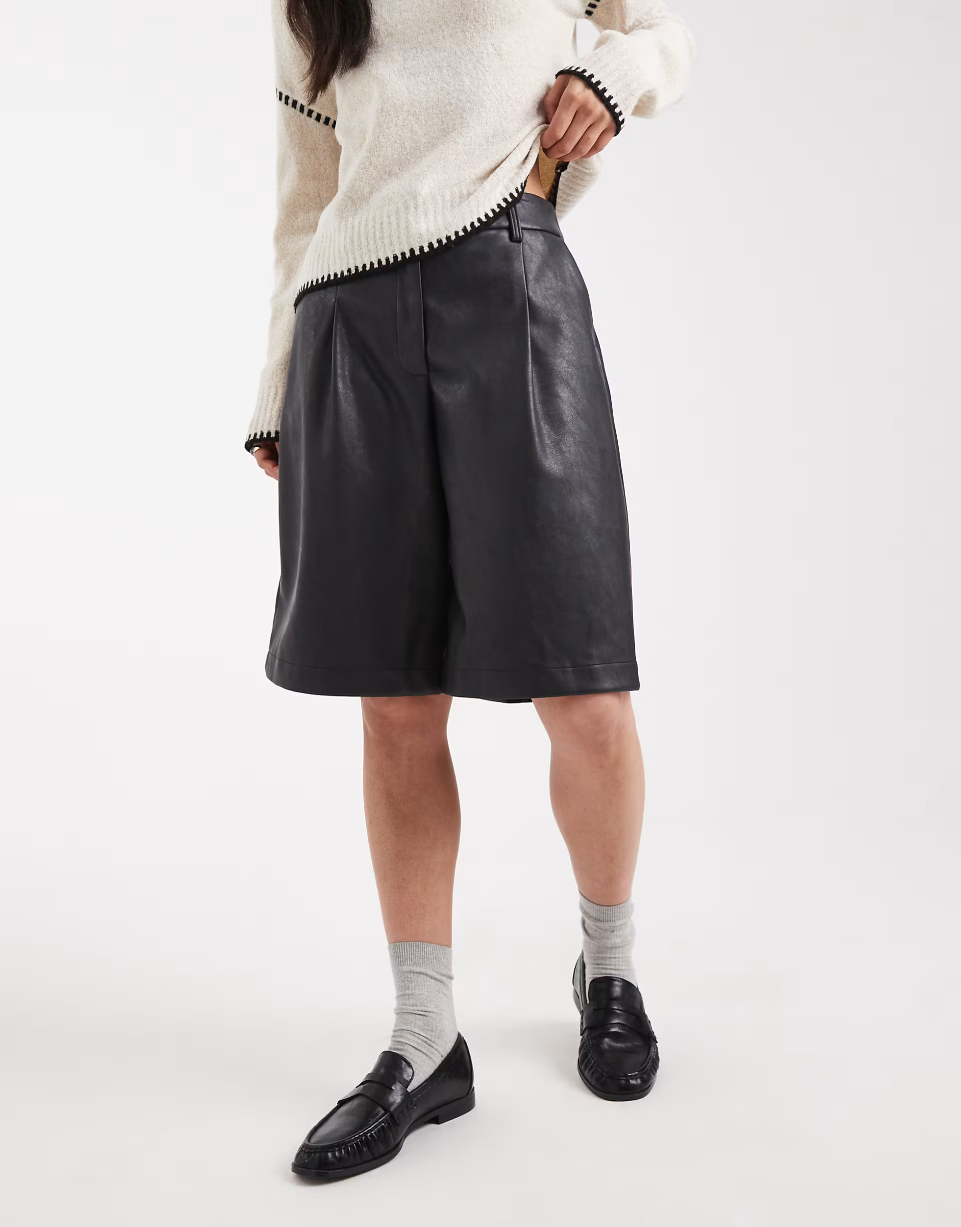 ASOS DESIGN faux leather longline shorts in navy | ASOS (Global)