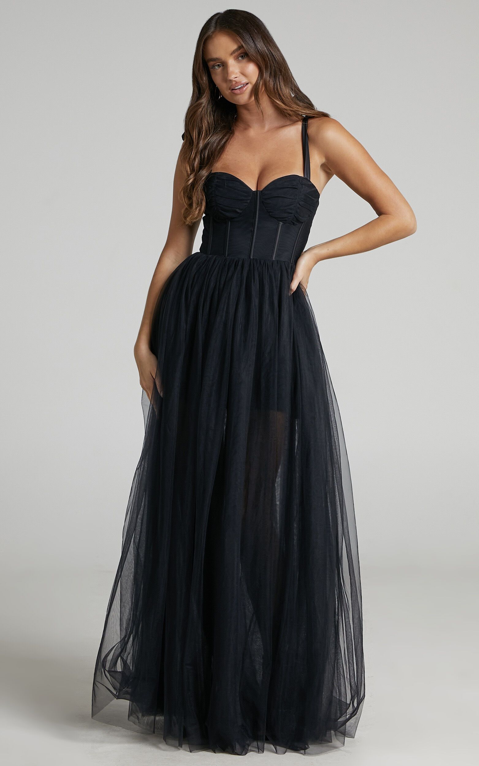 Emmary Bustier Bodice Tulle Gown in Black | Showpo (US, UK & Europe)