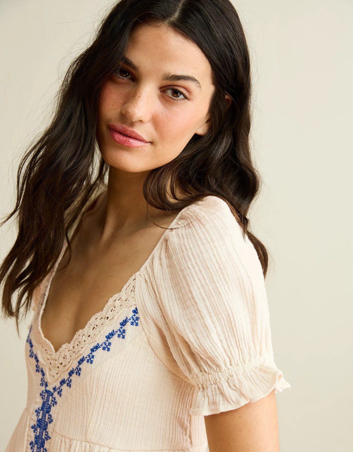 AE Embroidered Puff-Sleeve Babydoll Mini Dress | American Eagle Outfitters (US & CA)