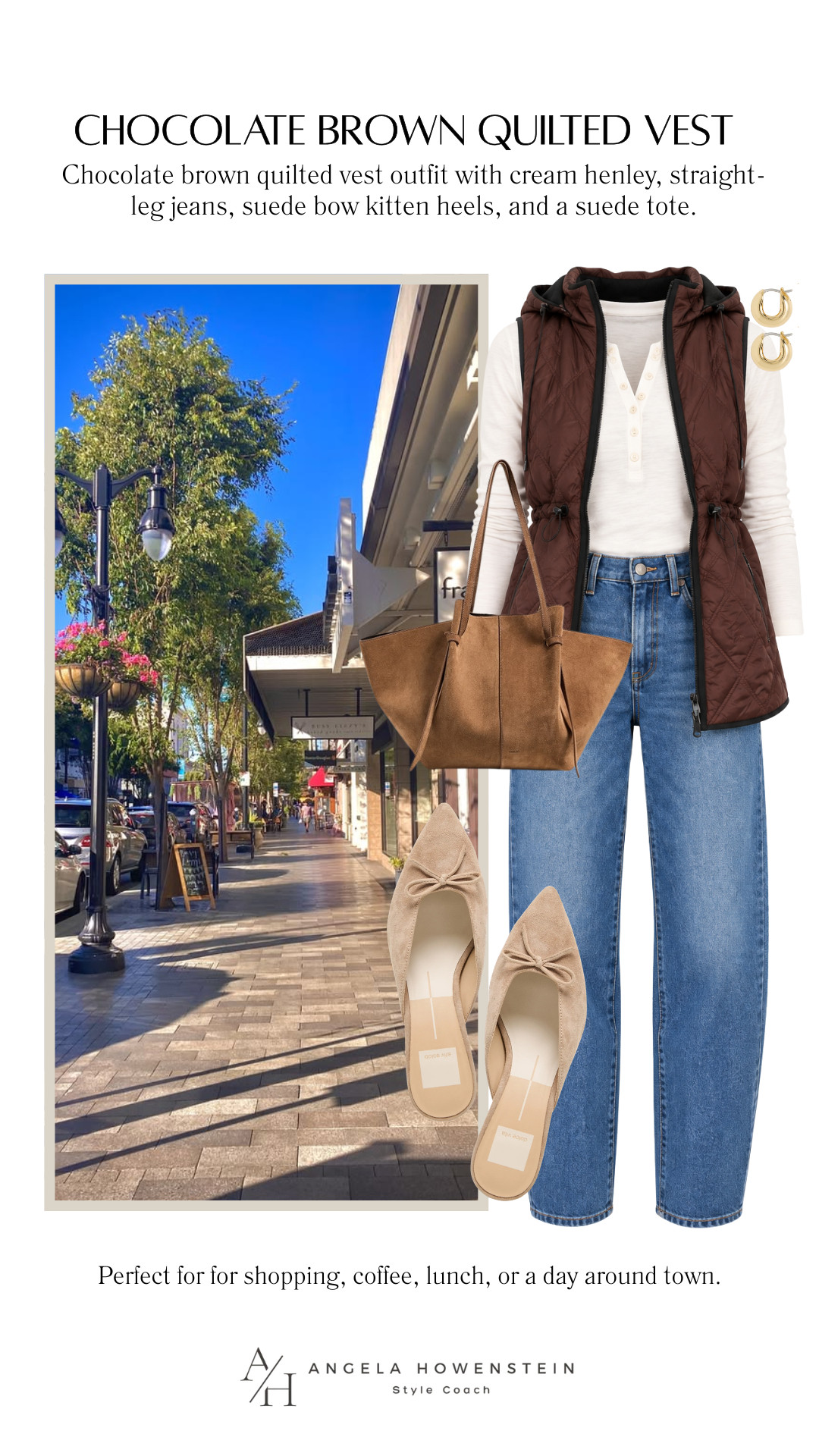This slim chocolate-brown quilted vest outfit is perfect for right now! I love the lightweight layering with the cream henley, straight-leg jeans, suede bow flats, and brown tote—it’s comfortable, polished, and easy for a full day out.

👩‍💻 LTK PRO TIPS
❤️ Heart = Support my posts ;-)
🔖 Save = Get sale & restock alerts for the things you love!
📋 Lists = Keep favorites organized (List ideas: Christmas, Birthdays, and Vacations!)
📲 Share = Send lists and products to a friend (or your daughters like me).
💬 Comment = Ask me anything, and I'll answer. ;-) 

 #LTKootd #LTKSeasonal #LTKOver40