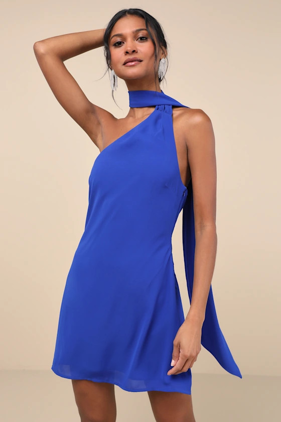Isloda Blue One-Shoulder Backless Sash Mini Dress | Lulus