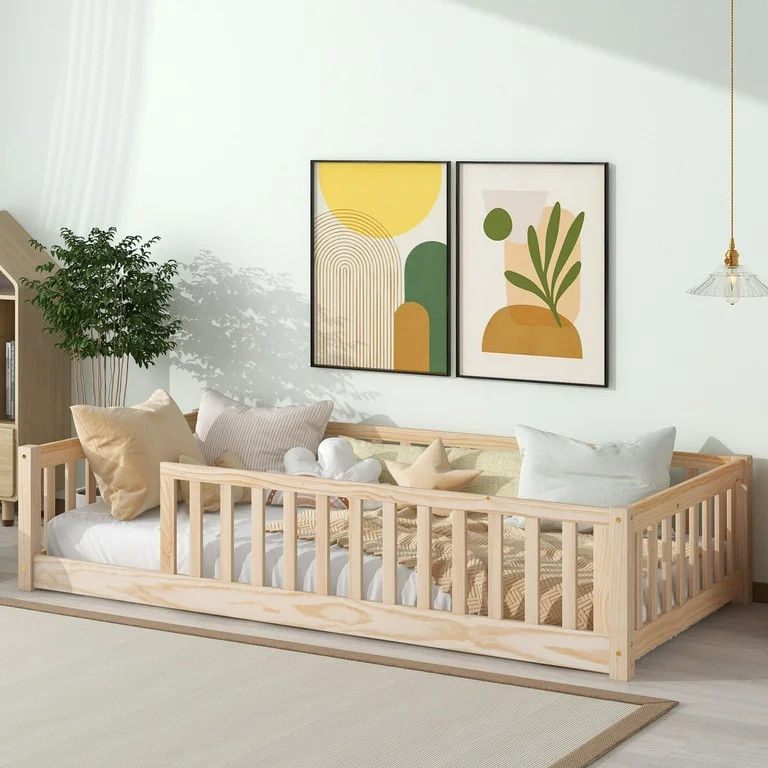 Twin Floor Bed for Kids, Wooden Montessori Bed Frame with Fence Guardrails and Support Slats, Low... | Walmart (US)