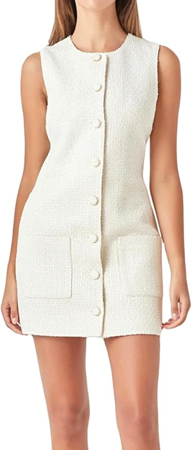 Tweed Dress Woman Sleeveless Bodycon Jackie O Dresses Crew Neck Elegant Button Down Mini Dress | Amazon (US)