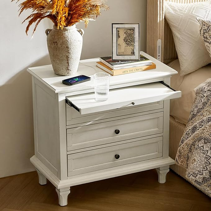 Night Stand with Charging Station, White Solid Wood Nightstand Organizer with 3 Drawers & Pull-Ou... | Amazon (US)