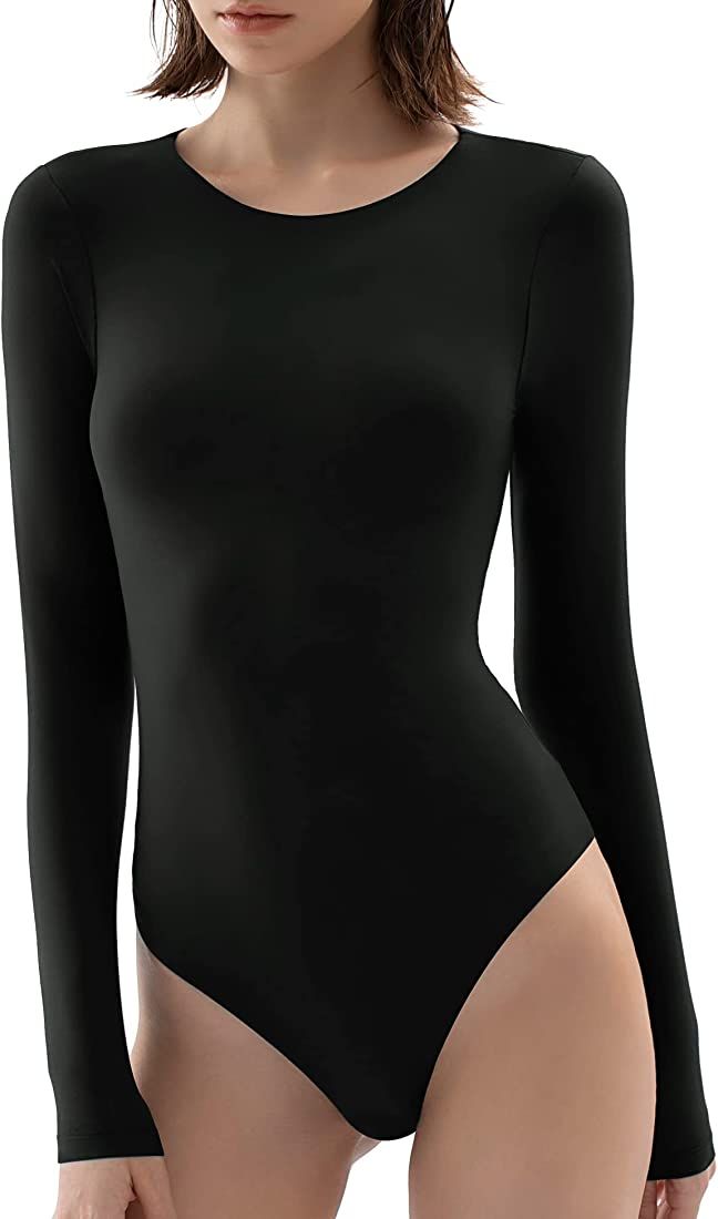 Women's Crew Neck Long Sleeve Bodysuit Second-skin Feel Tops Smoke Cloud Collection | Amazon (US)