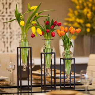 18 in., 16 in. and 14 in. Glass Decorative Amphora Vase on Square Tubing Metal Stands in Clear Glass (Set of 3) | The Home Depot