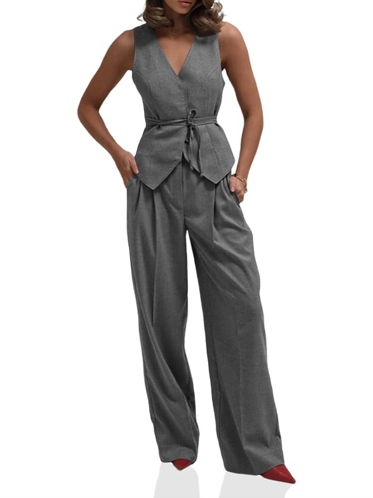 Cicy Bell Womens 2 Piece Outfits V Neck Tie Waist Blazer Vest and Wide Leg Business Casual Suit P... | Amazon (US)