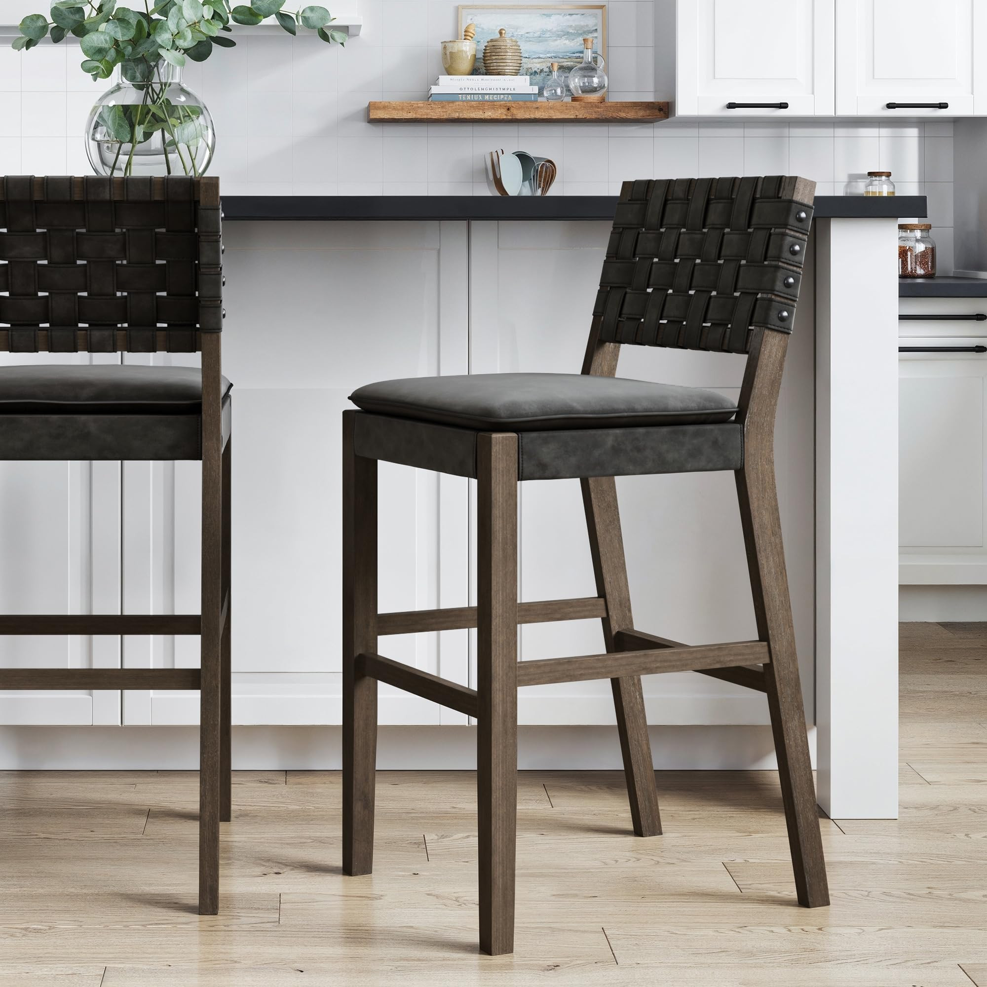 Nathan James Cohen Mid-Century Modern 29 in. Wood Bar Stool, Upholstered Faux Leather Bar Height ... | Amazon (US)