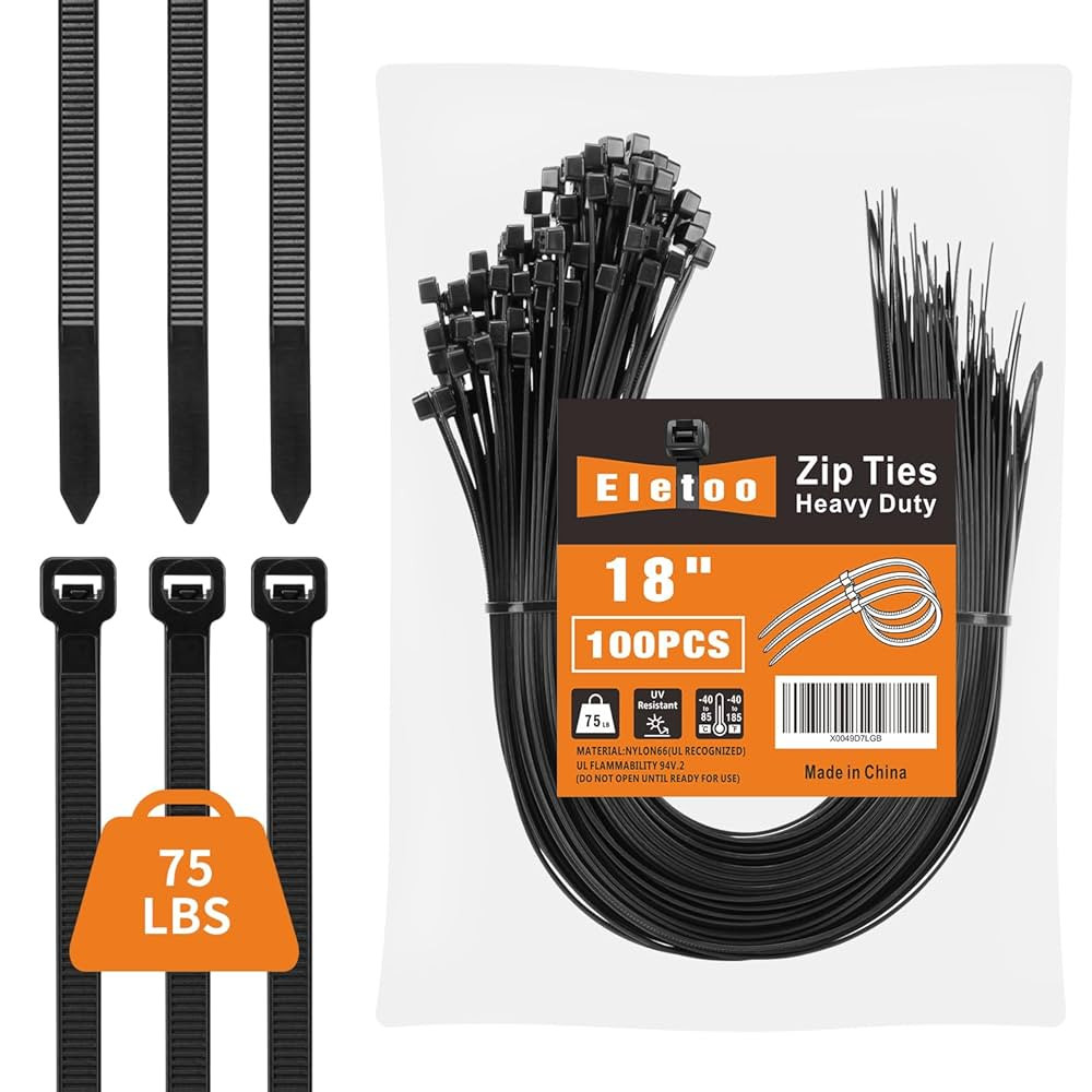 100PCS 18 inch Black Zip Ties Heavy Duty, 75LBS Tensile Strength, Self-Locking Heavy Duty UV Resi... | Amazon (US)