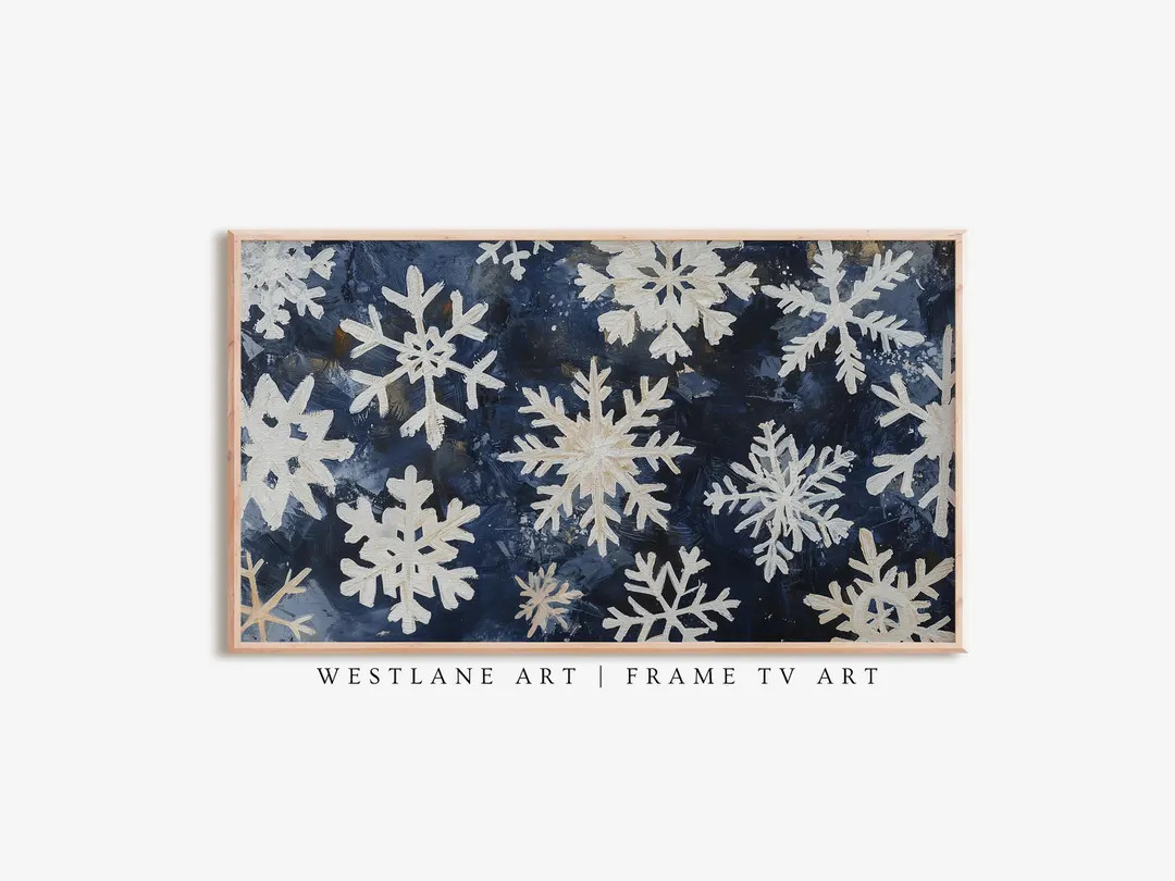 Winter Snowflakes FRAME TV Art, Navy Blue Holiday Farmhouse Instant Decor, Country Art Digital Do... | Etsy (US)