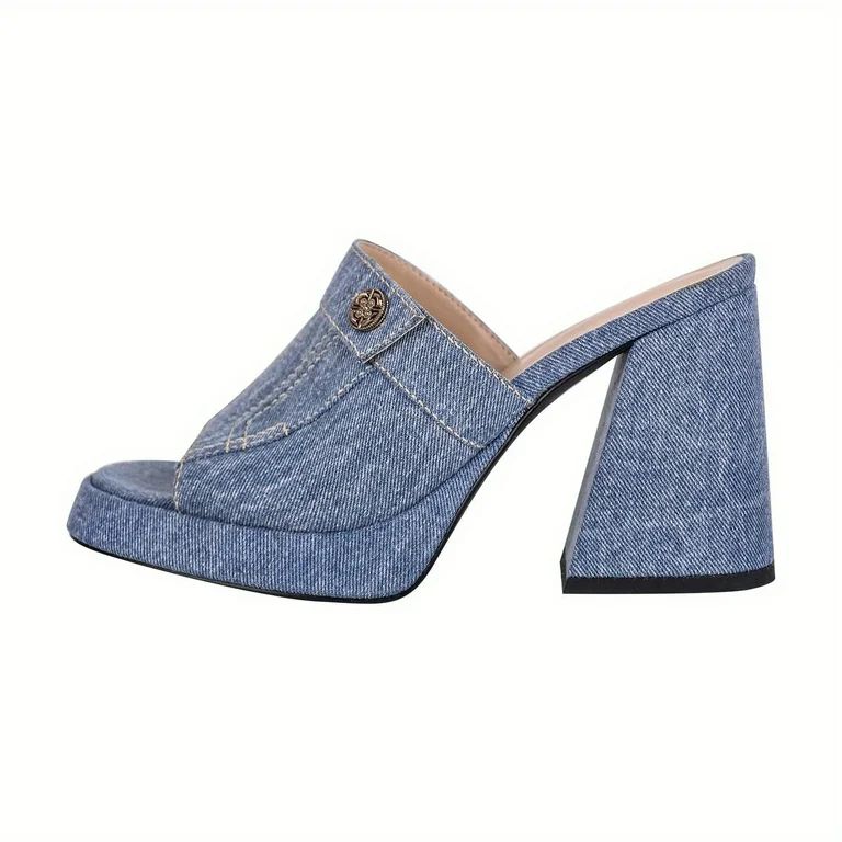 KINODAY Platform Sandals with Buckle Decor  Slip On Peep Toe Denim Pattern  Summer Chunky Heel Sh... | Walmart (US)