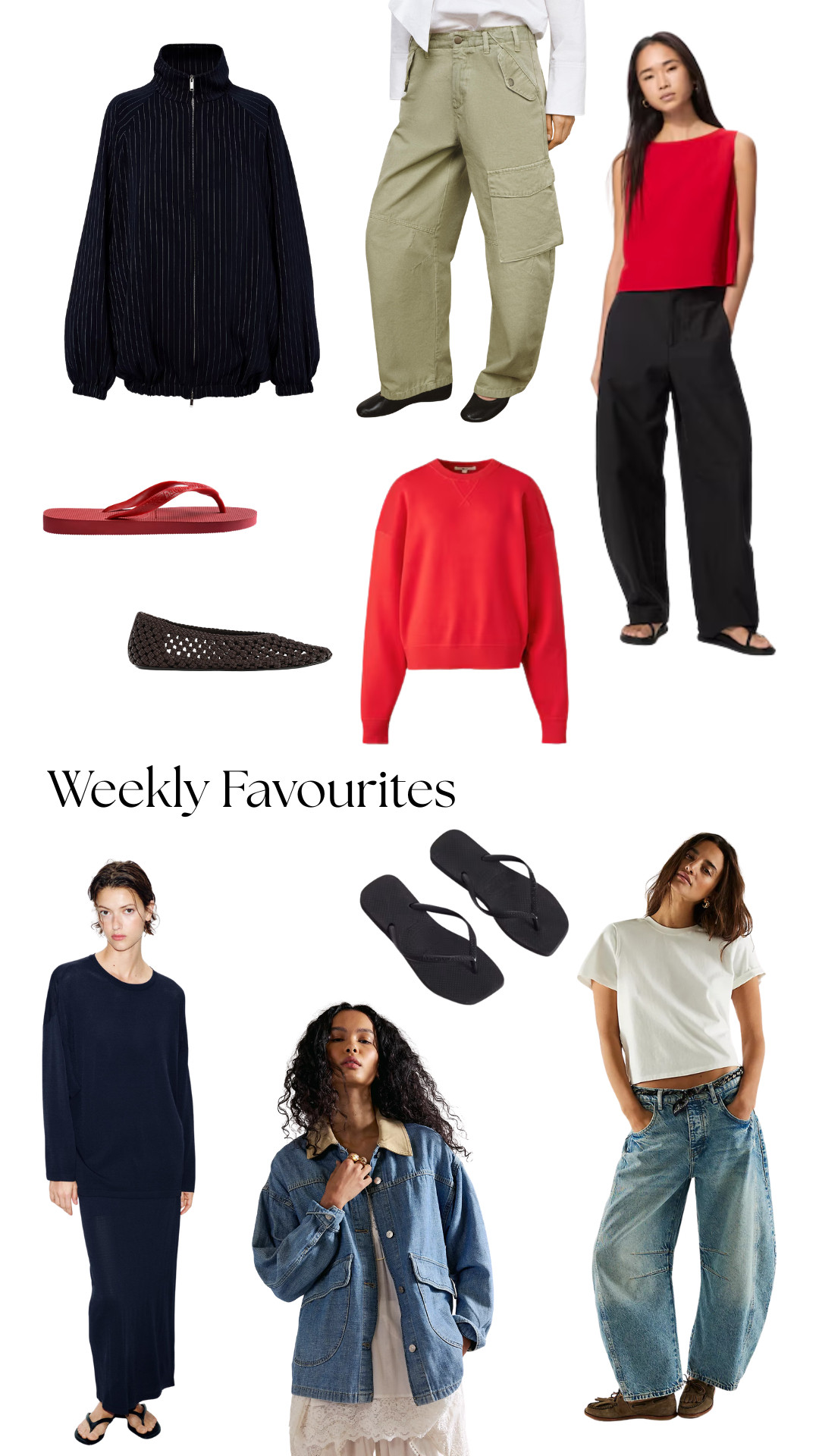 Weekly Faves Edit

weekly favourites, spring style, casual spring outfit, minimalist outfit ideas, navy zip jacket, striped bomber jacket, relaxed cargo pants, khaki wide leg trousers, red sleeveless top, minimalist red tank, black wide leg trousers, red flip flops, minimalist flip flops, woven ballet flats, black woven flats, red crewneck sweatshirt, oversized sweatshirt, black flip flops, knit co-ord set, navy long sleeve top, navy maxi skirt, denim chore jacket, contrast collar denim jacket, white lace dress, lace slip dress, white boxy t-shirt, cropped white tee, baggy jeans, wide leg light wash jeans, off-duty outfit, minimalist wardrobe staples 

 #LTKuk #LTKspring #LTKsummer
