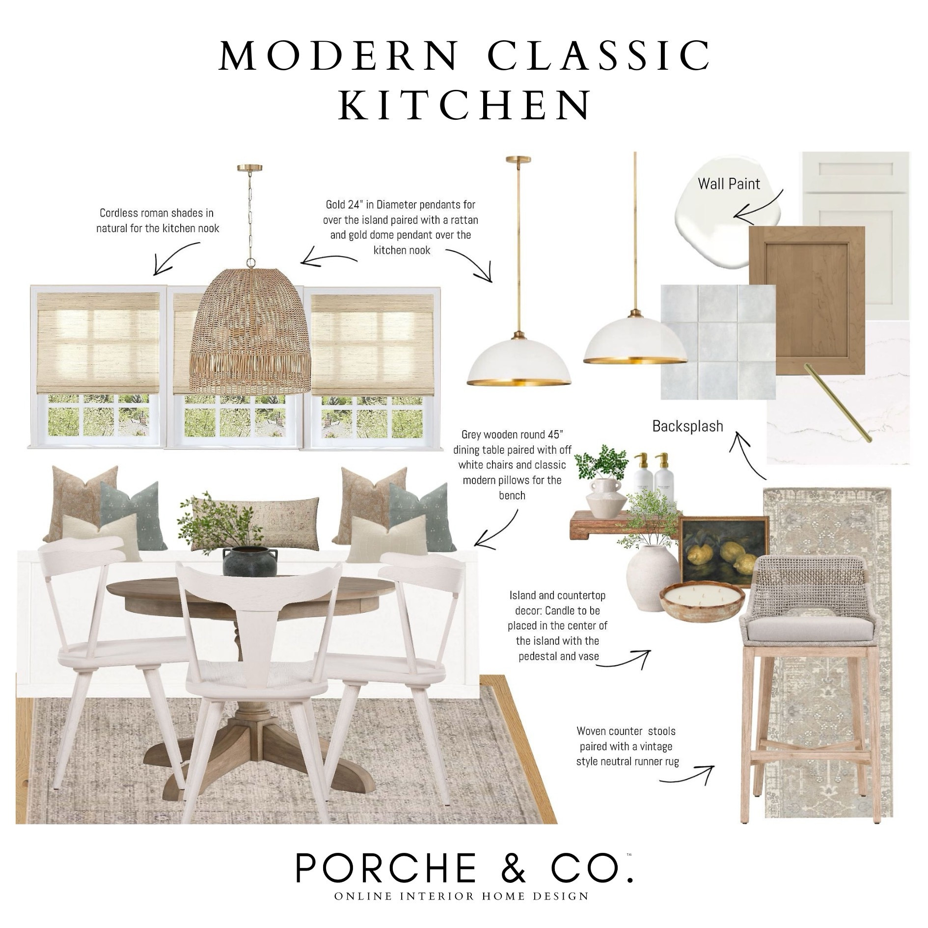 A Modern Classic kitchen that blends timeless design with warm, livable details 🤍 Swipe to see this brought to life! 

This client space features neutral kitchen decor, woven pendant lighting, brass kitchen hardware, and soft white cabinetry layered with natural wood tones for that classic-meets-modern look we love. From the round wood dining table and white dining chairs to the woven counter stools, neutral runner rug, and roman shades, every detail was thoughtfully selected to feel inviting and elevated.

We mixed warm textures, vintage-inspired accents, and soft greenery to keep the space feeling cozy yet polished—perfect for everyday family living. This is the heart of the home done right ✨

Shop this modern classic kitchen design, including pendant lights, bar stools, kitchen rugs, neutral decor, and dining furniture all linked here.

Need even more styling or interior design help inside your home?!
Visit our Online Interior Design Studio and one of our designers would love to help!
Secure your packages today 🏡 → https://porcheandco.com/edesign

#porcheandco #ltkhome #ltkinteriors #modernclassickitchen #neutralhome #kitchendesign #interiordesign #virtualinteriordesign #onlineinteriordesign #kitcheninspo #neutraldecor #transitionaldesign #classicinteriors #kitchenlighting #diningroomdesign #homedesigninspo

#LTKHome
