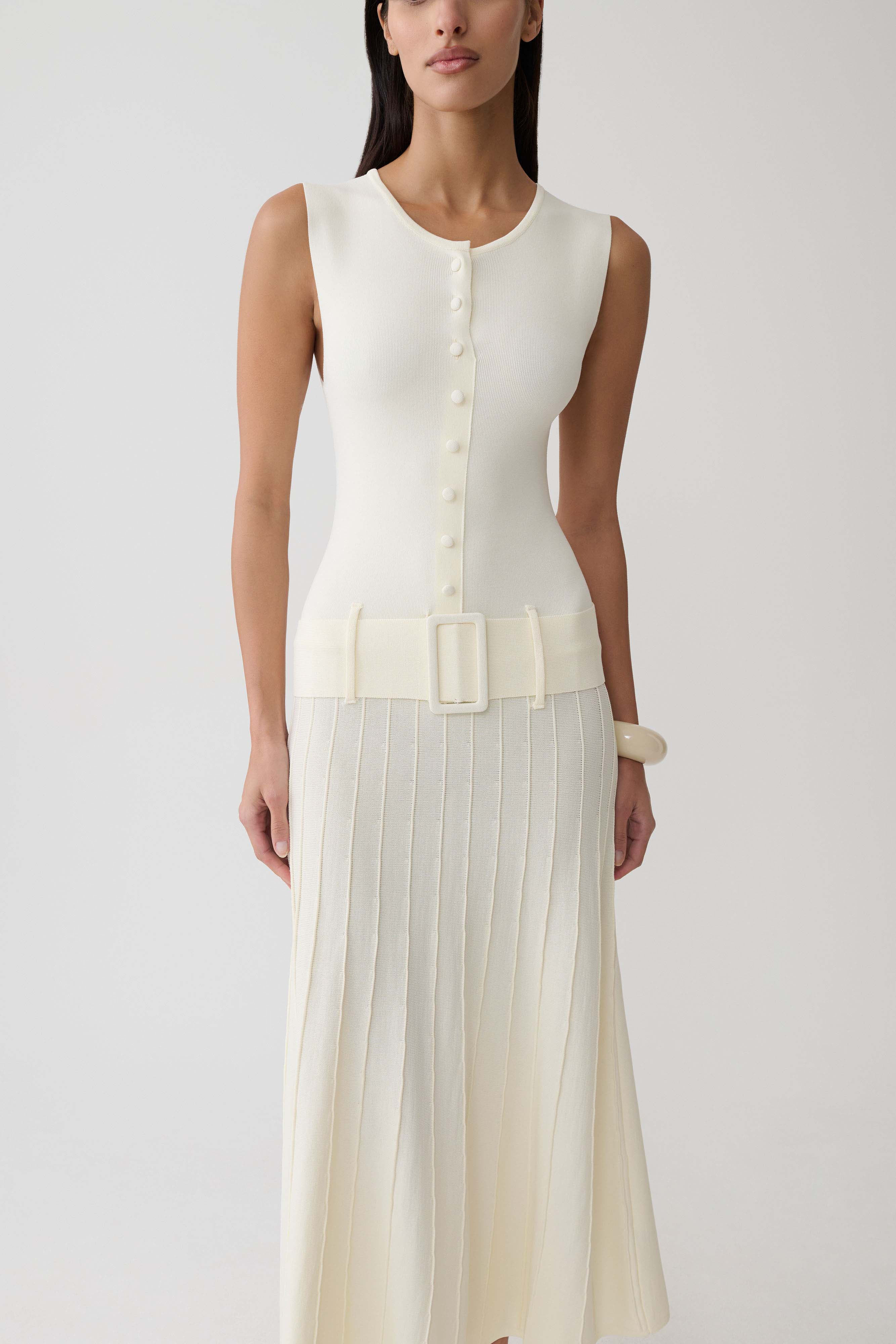 Rebena Pleated Midi Dress - Ivory | MESHKI US