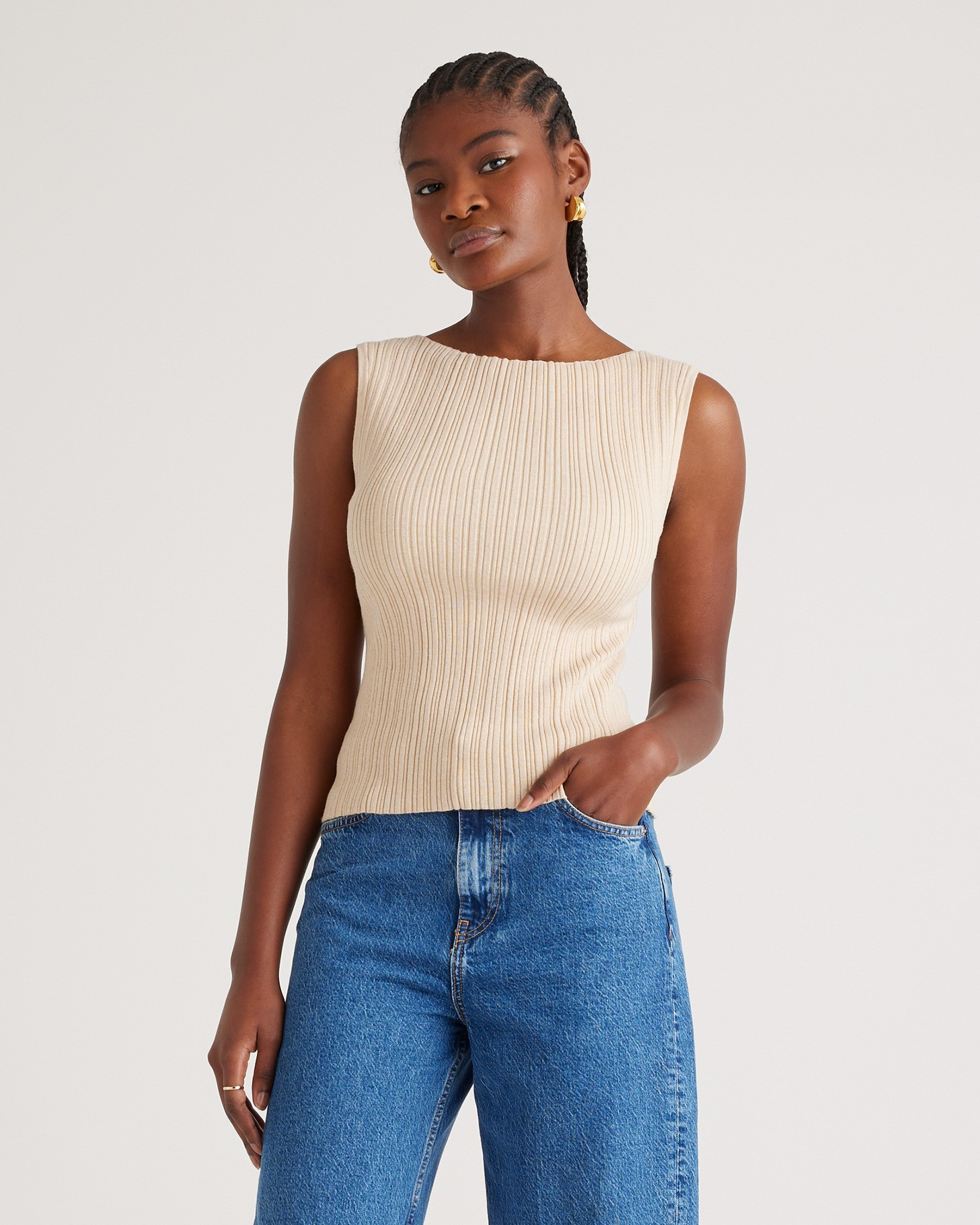 Quince | Women's Cotton Cashmere Ribbed Tank Top in Heather Oatmeal, Size XS | Quince
