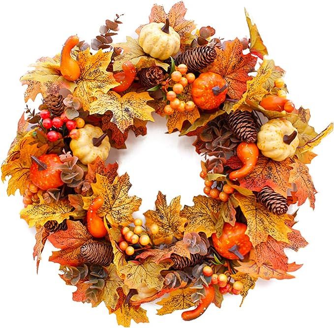 Souarts Fall Wreath for Front Door, 20" Artificial Fall Door Wreath, Pumpkin Maple Leaves Thanksg... | Amazon (US)