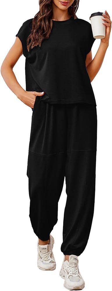 Glamaker Women's 2 Piece Outfits Fashion Sleeveless Crewneck Sweatsuits Loose Fit Top High Waist Pants Set Tracksuit | Amazon (US)