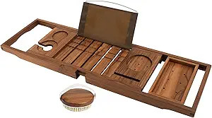 VaeFae Teak Bathtub Tray, Expandable Wooden Bath Tray for Tub with Wine and Book Holder, Solid Ba... | Amazon (US)