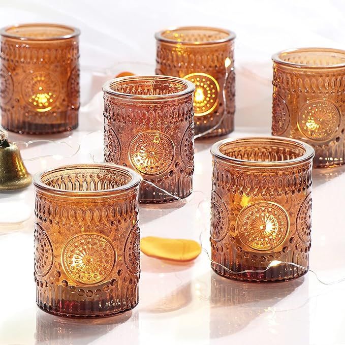 DEVI 24pcs Vintage Amber Votive Candle Holders, Amber Glass Candle Holder for Tea Lights, Boho We... | Amazon (US)