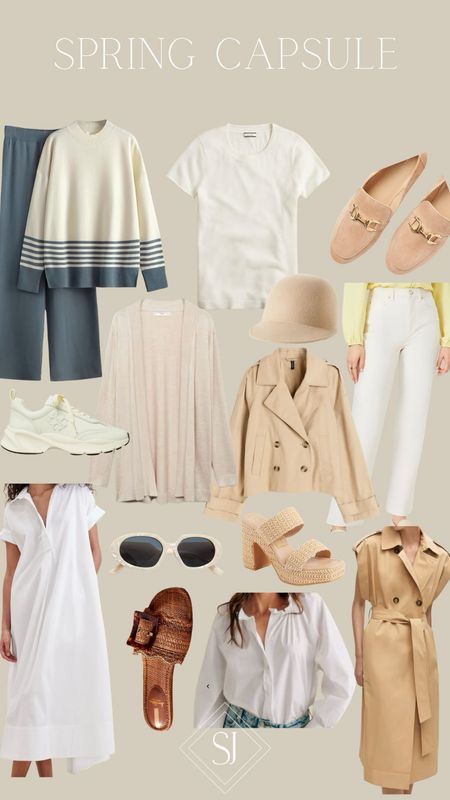 Spring Capsule

Colorful set
Cashmere tee
Suede loafers
White denim 
Edie wool cap
Cropped trench
Basic cardigan 
Sneakers
Poplin maxi dress
Neutral sunnies 
Weaved slides 
Button down blouse 
Weaved heels 
Sleeveless trench 