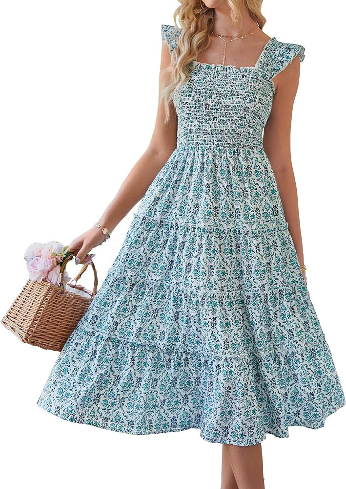 BTFBM Womens Summer Boho Smocked Beach Dresses Sleeveless Shoulder Strap Floral Flowy Tiered Part... | Amazon (US)