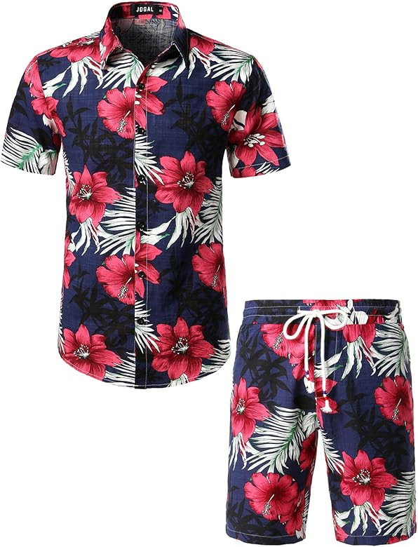 JOGAL Men's Flower Casual Button Down Short Sleeve Hawaiian Shirt Suits | Amazon (US)