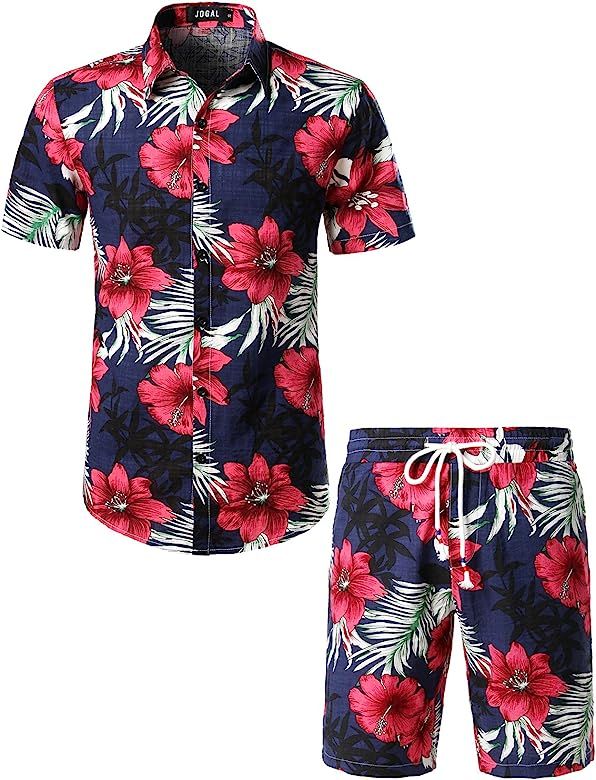 JOGAL Men's Flower Casual Button Down Short Sleeve Hawaiian Shirt Suits | Amazon (US)