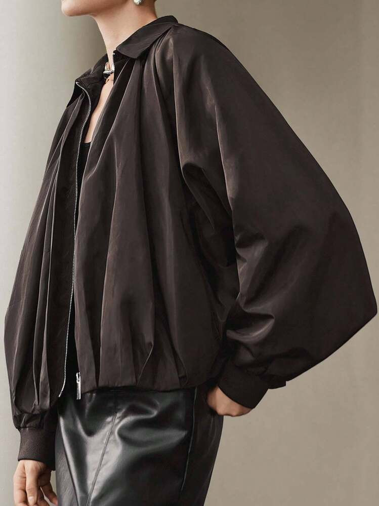 Uhlyne Women's Casual Minimalist Style Simple Black Collar Raglan Sleeve Ruched Hem Zip-Up Jacket, Spring/Autumn/Winter Women, Retro,Work Wear, Office Wear, Teacher Outfits, Back To School, Fall , Business Casual, Old Money Style, | SHEIN