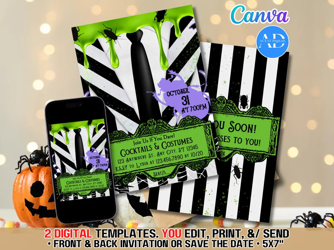 Bug Beetle Roach Suit Black White Stripes, Halloween Party DIGITAL DIY Template Invitation Invite... | Etsy (US)