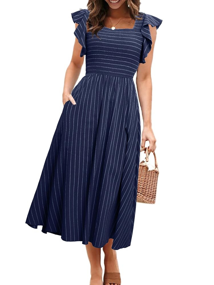 Miessial Womens Casual Summer Midi Dress Short Sleeve Smocked Linen Dresses 2025 Boho Beach Weddi... | Amazon (US)