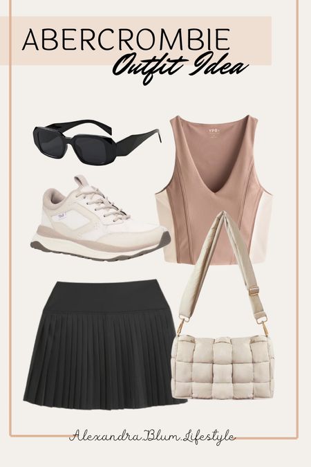 This is a cute summer outfit perfect for travel outfit and playing summer sports! Black active pleated skirt, beige crop tank top, beige crossbody purse, neutral sneakers, and black sunglasses! 

#LTKFitness #LTKActive #LTKFindsUnder100