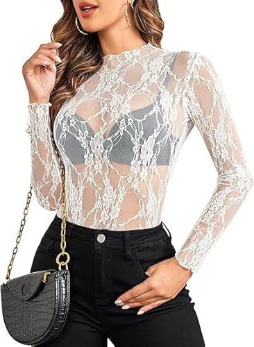 Lace Long Sleeve Tops for Women Mesh Mock Neck Lace Undershirt Sheer Blouse See Through Shirts White | Amazon (US)