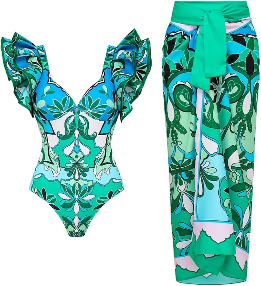 FLAXMAKER Ruffle Blue and White Porcelain Pattern Majolica Print One Piece Swimsuit and Skirt/Sar... | Amazon (US)