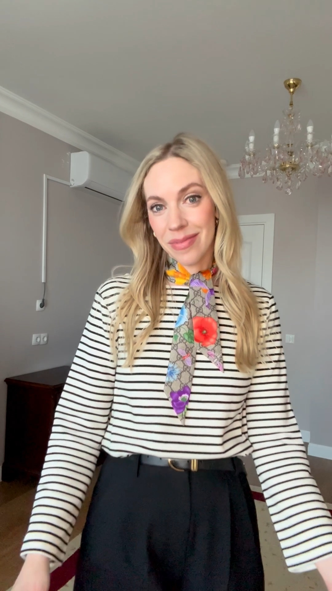 Business casual workwear, spring workwear, floral print Gucci silk scarf, striped top, @abercrombie trousers, style over 40

#LTKOver40 #LTKWorkwear #LTKgrwm