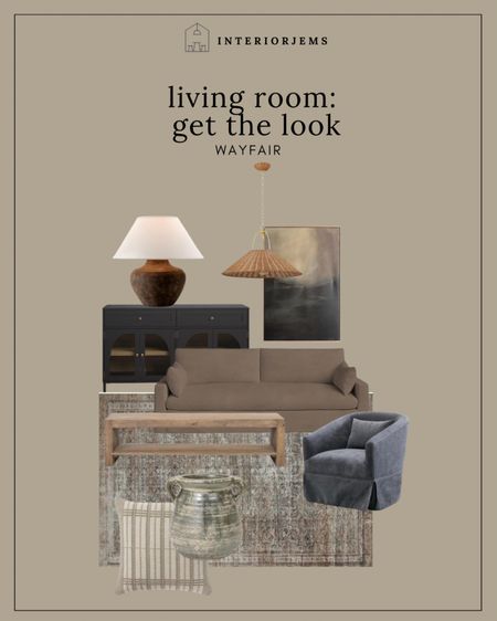 Wayfair living room, get the look, area, rug, brown, slipcovered sofa, blue, gray, accent chair, natural wood, coffee table, Moody, art, framed art, arched cabinet, double cabinet,, on sale living room furniture 

#LTKSaleAlert #LTKHome #LTKStyleTip