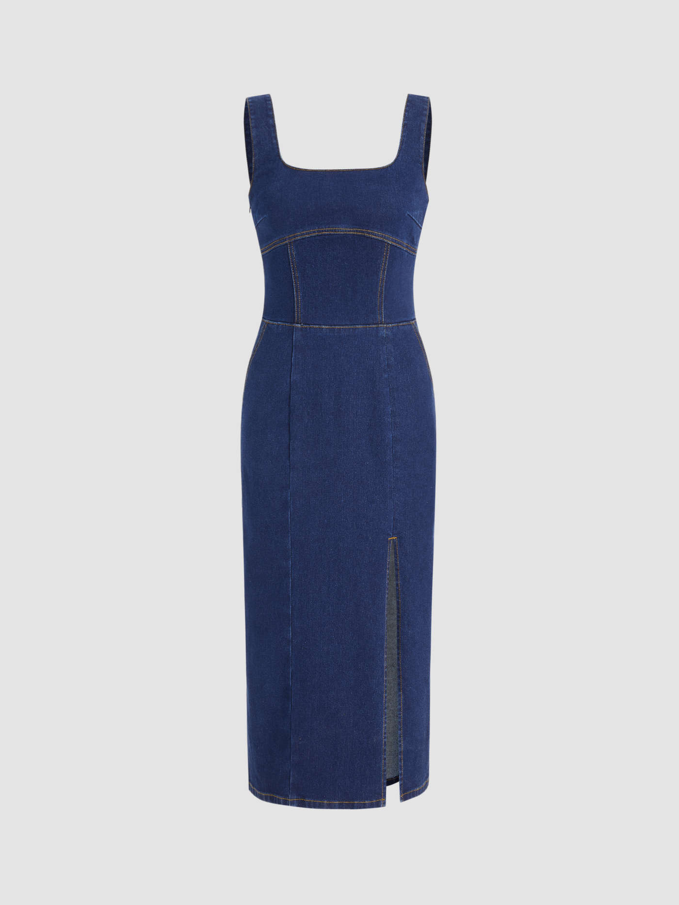Stretch Denim Solid Pocket Split Midi Dress | Cider