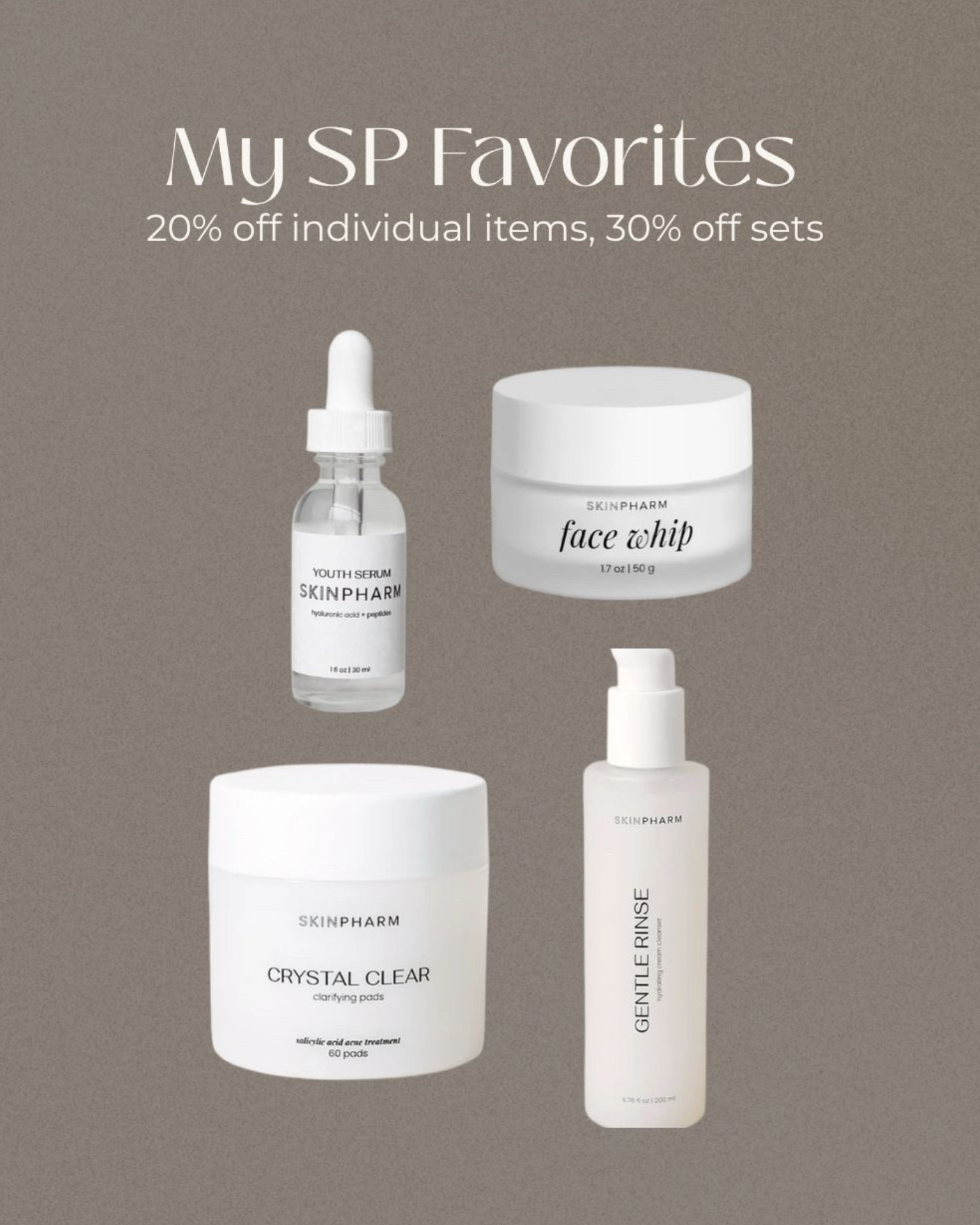 Skin pharm skincare sale! 
Face whip is my go to fave moisturizer 

Youth serum - the perfect hyaluronic acid with peptides for collagen production 

Crystal clear pads - salicylic acid for skin refinement 

Gentle rinse - a great gentle face wash that removes makeup well!  

#LTKCyberWeek #LTKBeauty #LTKHoliday