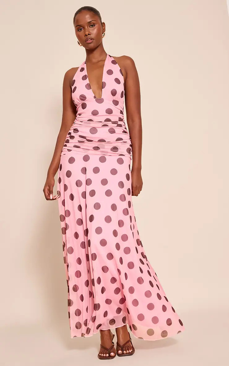 Dresses | Brown Polka Dot Chiffon Halterneck Maxi Dress | PrettyLittleThing | PrettyLittleThing US