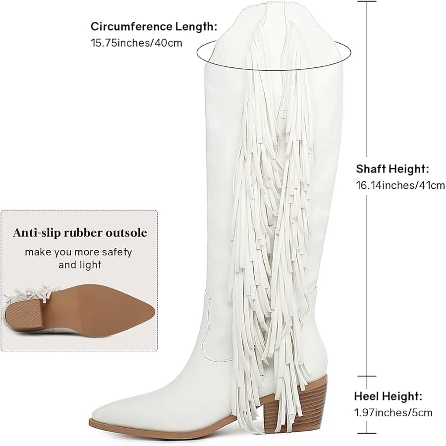 KiutSymo Cowgirl Fringe Boots For Women White Tassels Cowboy Boots Knee High Pointed Toe Western ... | Amazon (US)