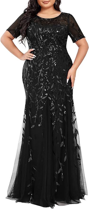 Ever-Pretty Plus Women's Glitter Round Neck Short Sleeves Embroidery Mermaid Plus Size Formal Dre... | Amazon (US)