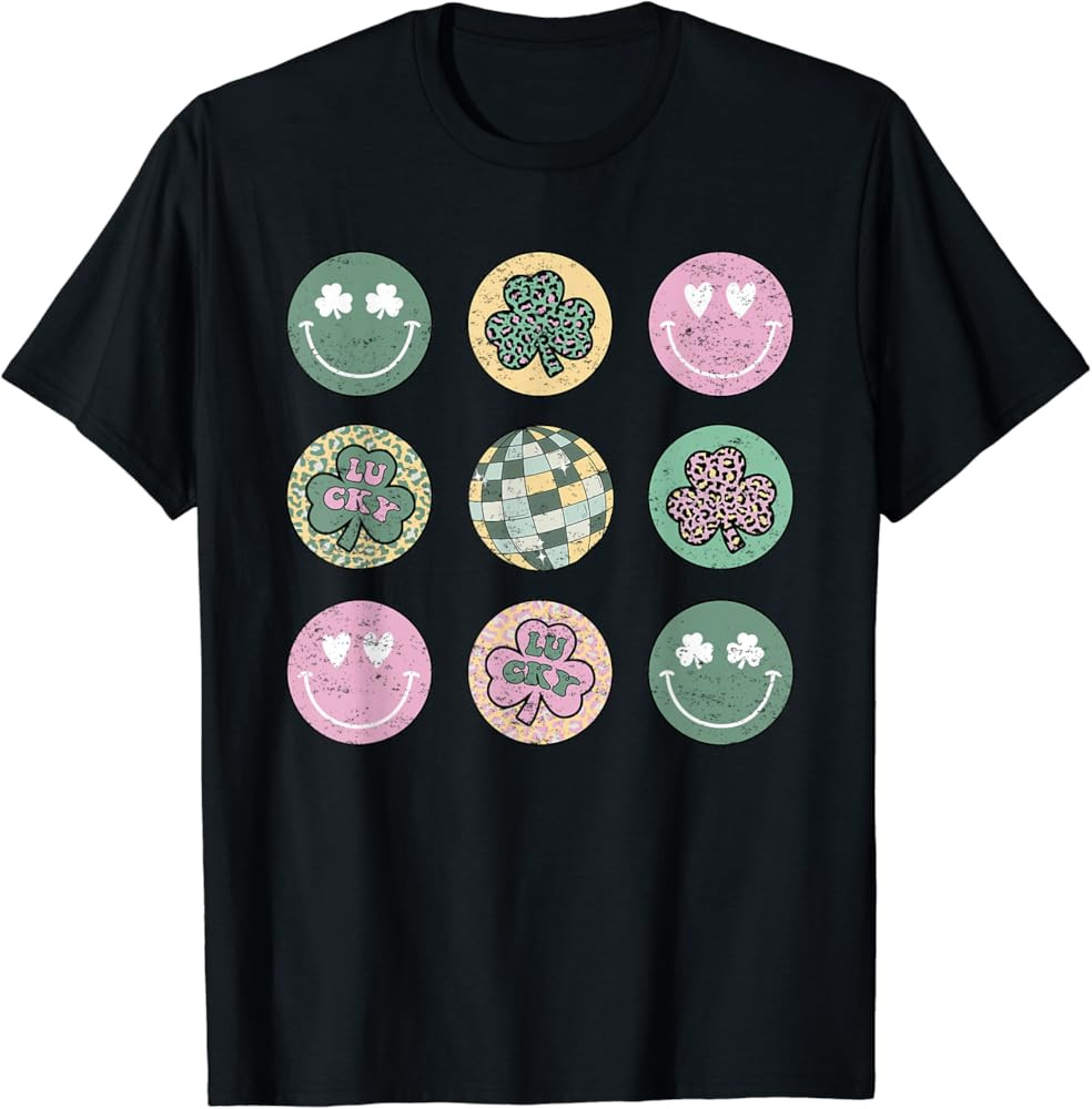 Shamrock Smile Face Disco Retro Groovy St Patricks Day Lucky T-Shirt | Amazon (US)