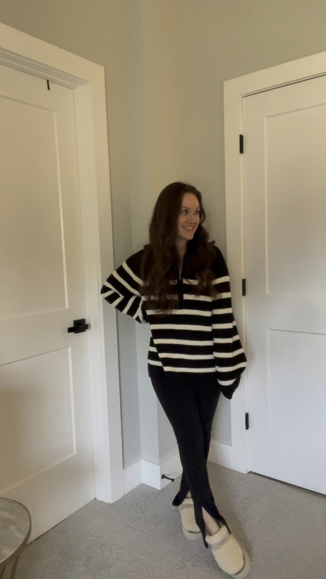 Styling the Tazz Shearling Slipper with split hem leggings and oversized striped sweater 

#LTKshoecrush #LTKSeasonal #LTKstyletip