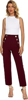 Women's Casual High Waisted Ankle Cropped Pants Elastic Waistband Slant Pockets with Metal Button... | Amazon (US)