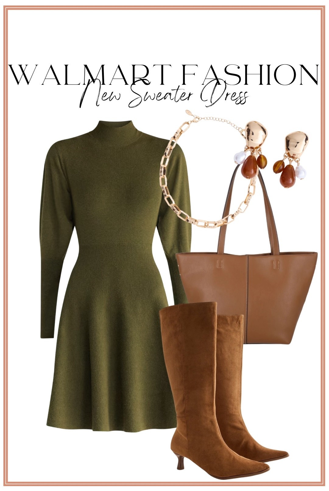 This new Walmart sweater dress looks SO good! 😍 The olive green color, mock neck and flattering fit-and-flare silhouette make it such an easy one-and-done outfit for fall. Style it with tall brown boots, a classic tote and gold jewelry for an elevated look without the elevated price tag! 💚🤎

#walmartfashion #walmartfinds #walmartstyle #walmartsweaterdress #sweaterdress #fallfashion #falloutfit #affordablefashion #walmartnewarrivals #fallstyle